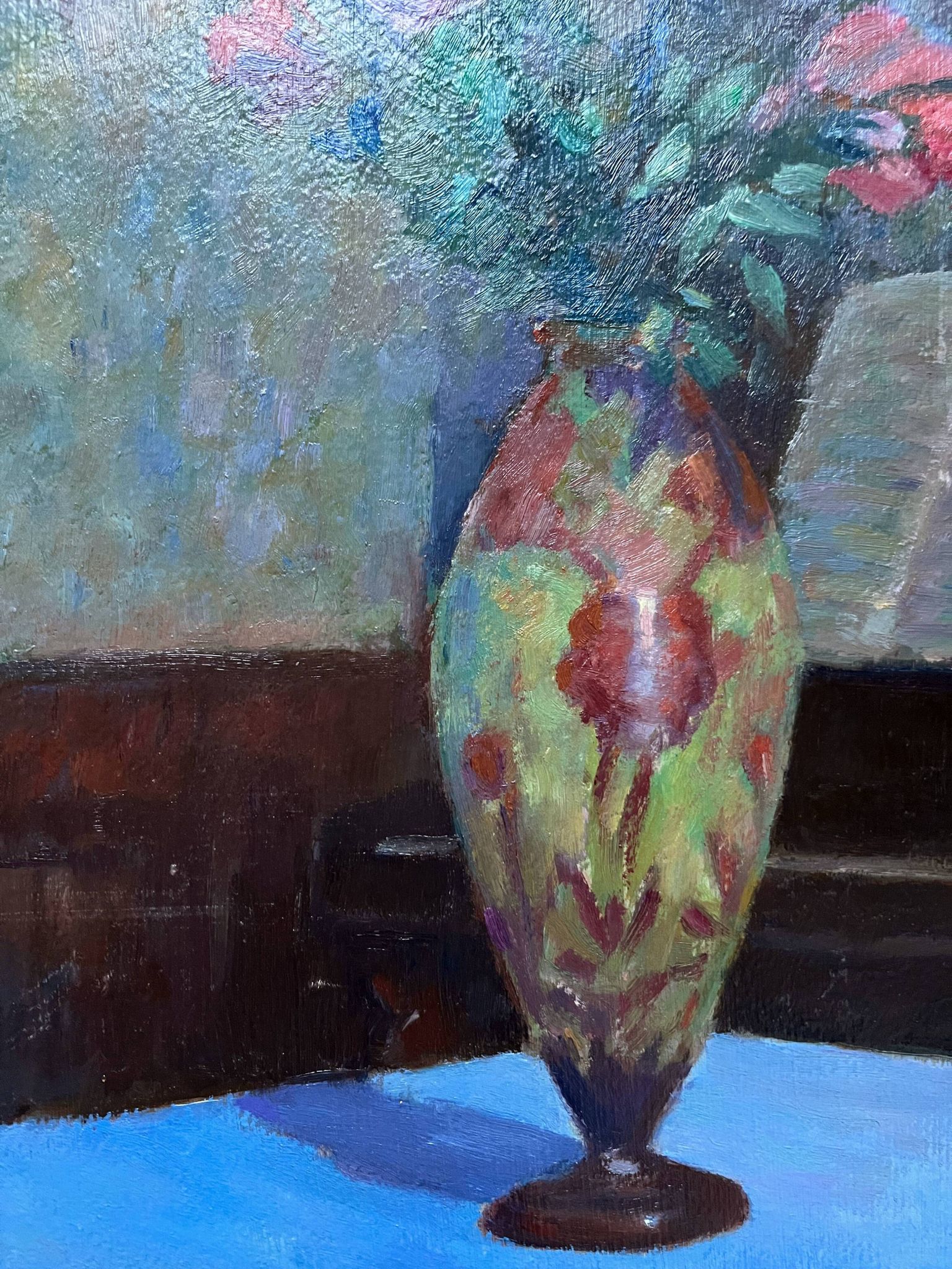 HSP Composition Interior painting with roses, glass paste vase and piano