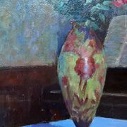 HSP Composition Interior painting with roses, glass paste vase and piano