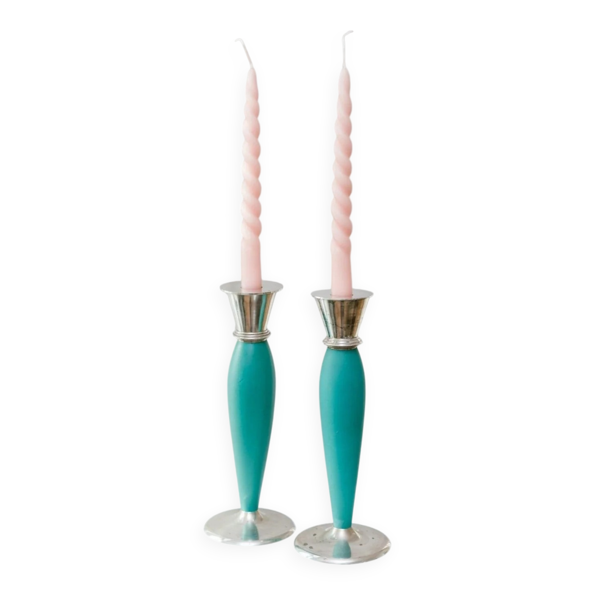 Ensemble de 2 porte-bougies en métal peint teal dans le style postmoderne Memphis, tasses argentées, vintage des années 2000.