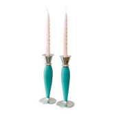 Ensemble de 2 porte-bougies en métal peint teal dans le style postmoderne Memphis, tasses argentées, vintage des années 2000.