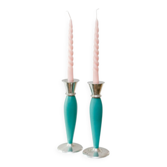 Set of 2 Teal Painted Metal Candleholders in Postmodern Memphis Style, Silver Cups, Vintage 2000s