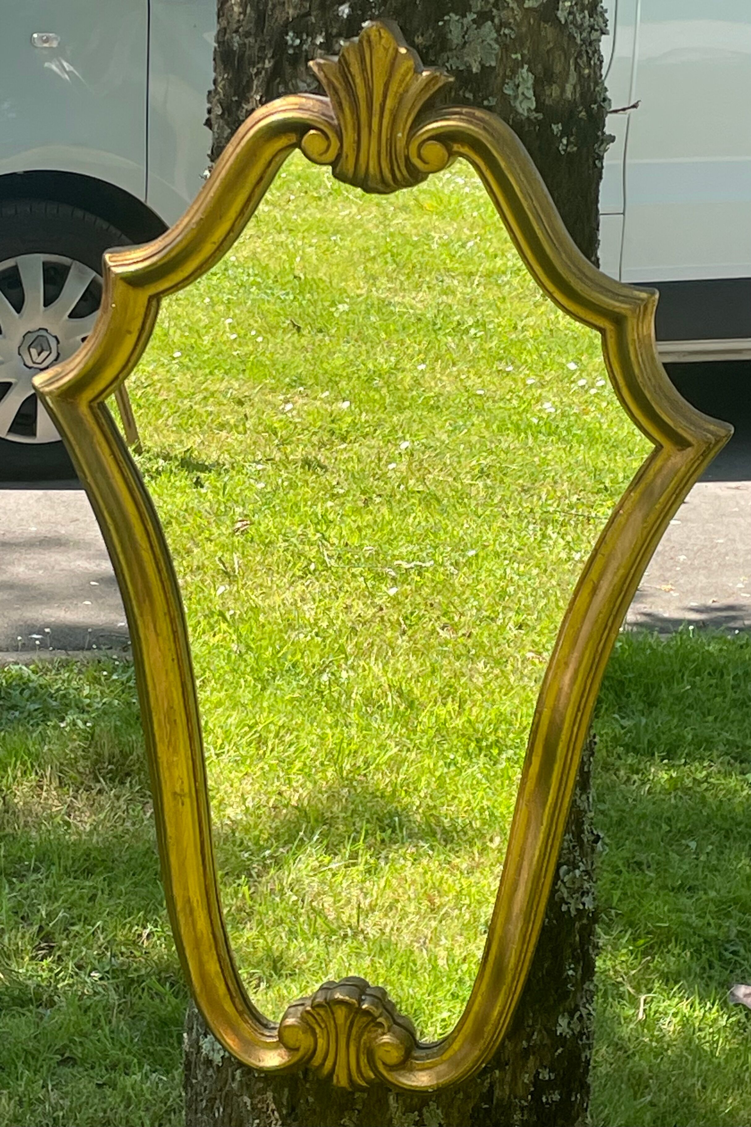 Vintage mirror gilded wood and stucco, Louis XV style shell H 68 cm