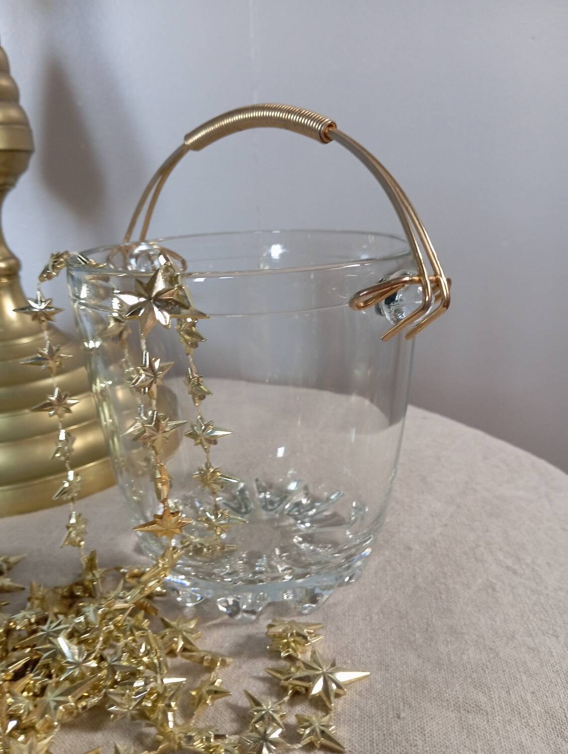 Seau à glaçons en verre, anse doré, vintage 1960
