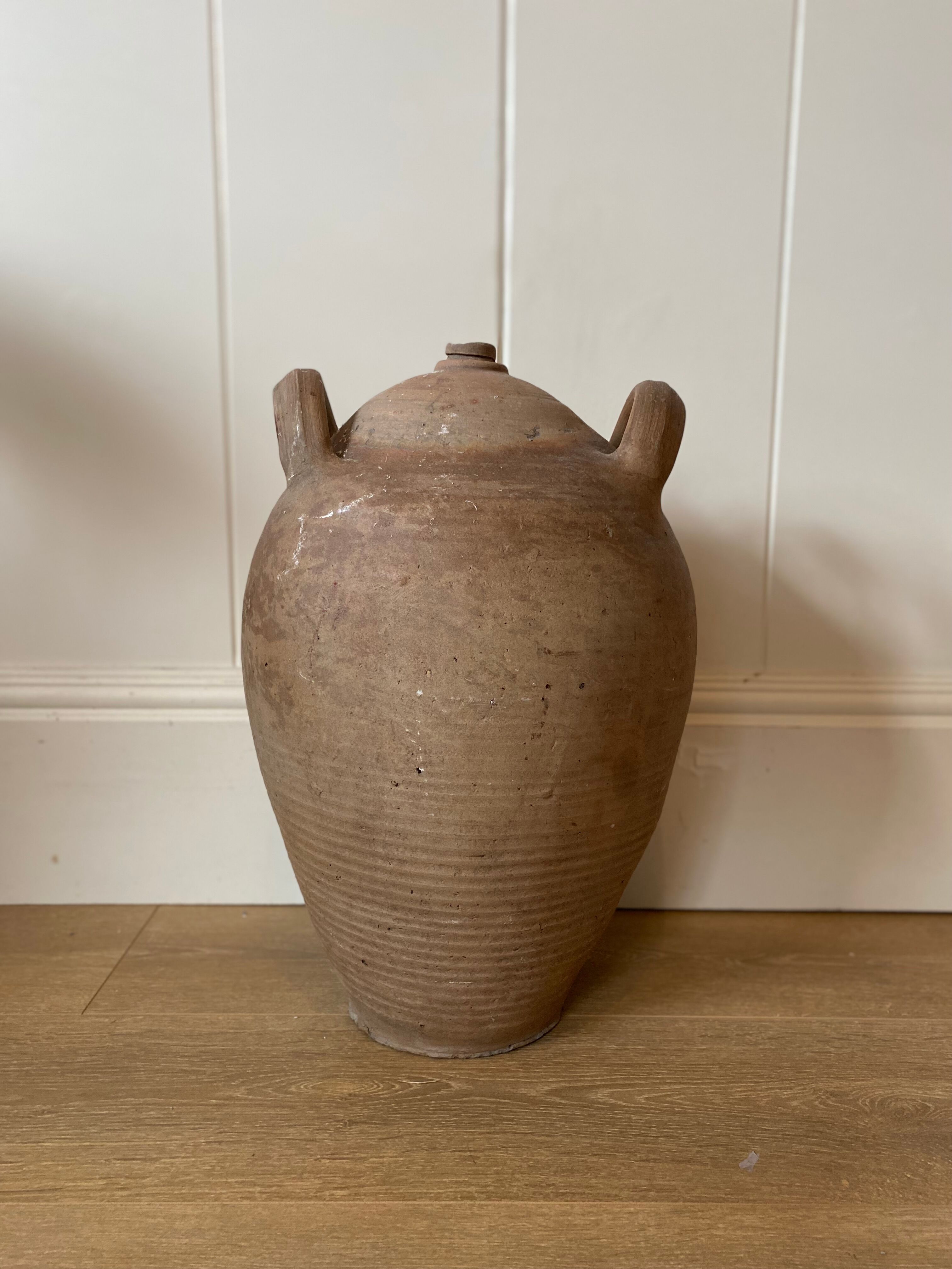 Antique french country rustic walnut oil storage jar