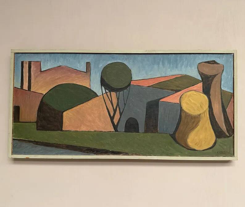 Large Original Swedish Oil on Canvas – "Spansk By" by Emil Clahr (1905–1983) – Signed – 1961 – Vintage & Framed