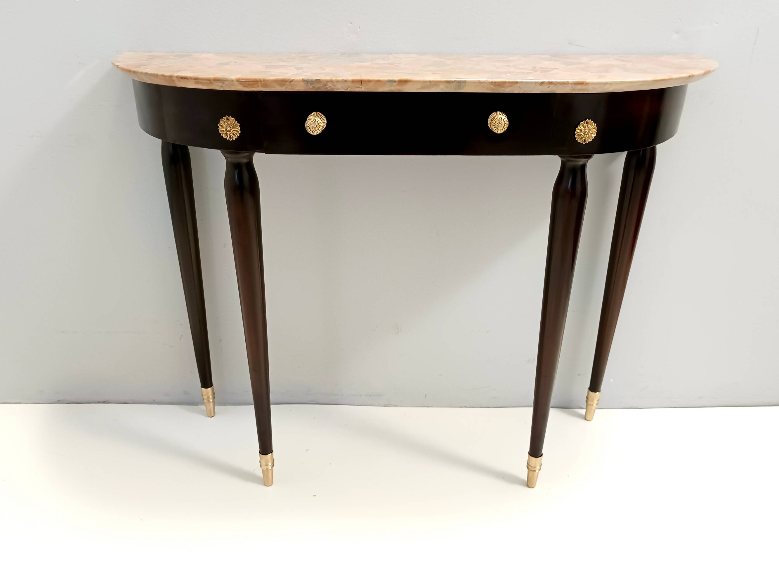 Ebonized Beech Console with a Demilune Macchiavecchia Marble Top attr. to Paolo Buffa