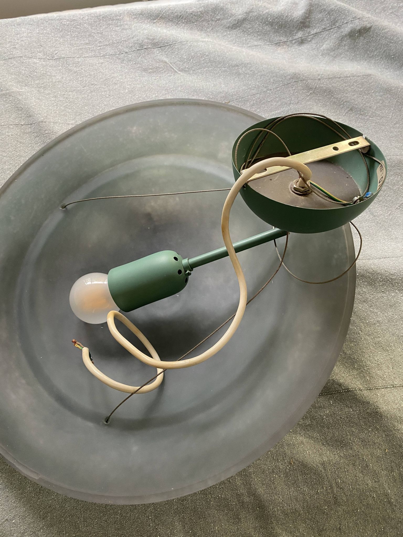Large vintage lustra suspension light fixture large translucent green basin - SCE made in France