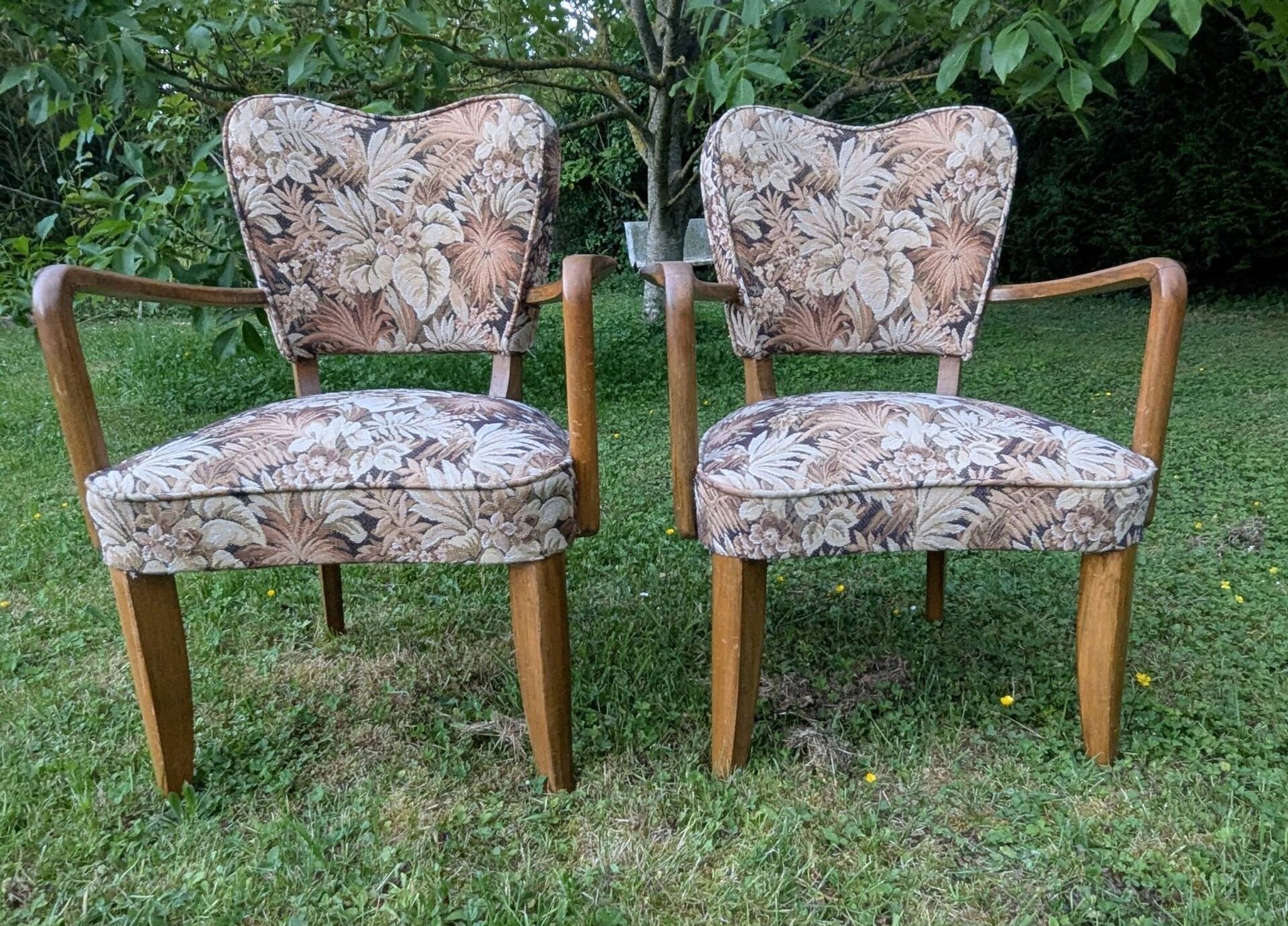 Paire de fauteuils bridge Art déco en bois massif, années 40-50
