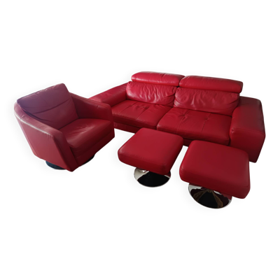 Ensemble XXL Maison en cuir rouge - canapé , fauteuil et 2 poufs