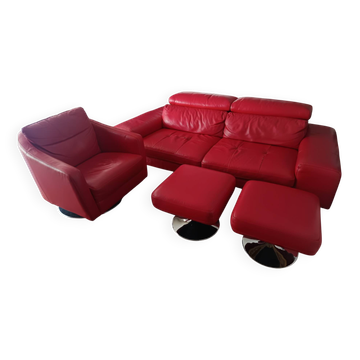Ensemble XXL Maison en cuir rouge - canapé , fauteuil et 2 poufs