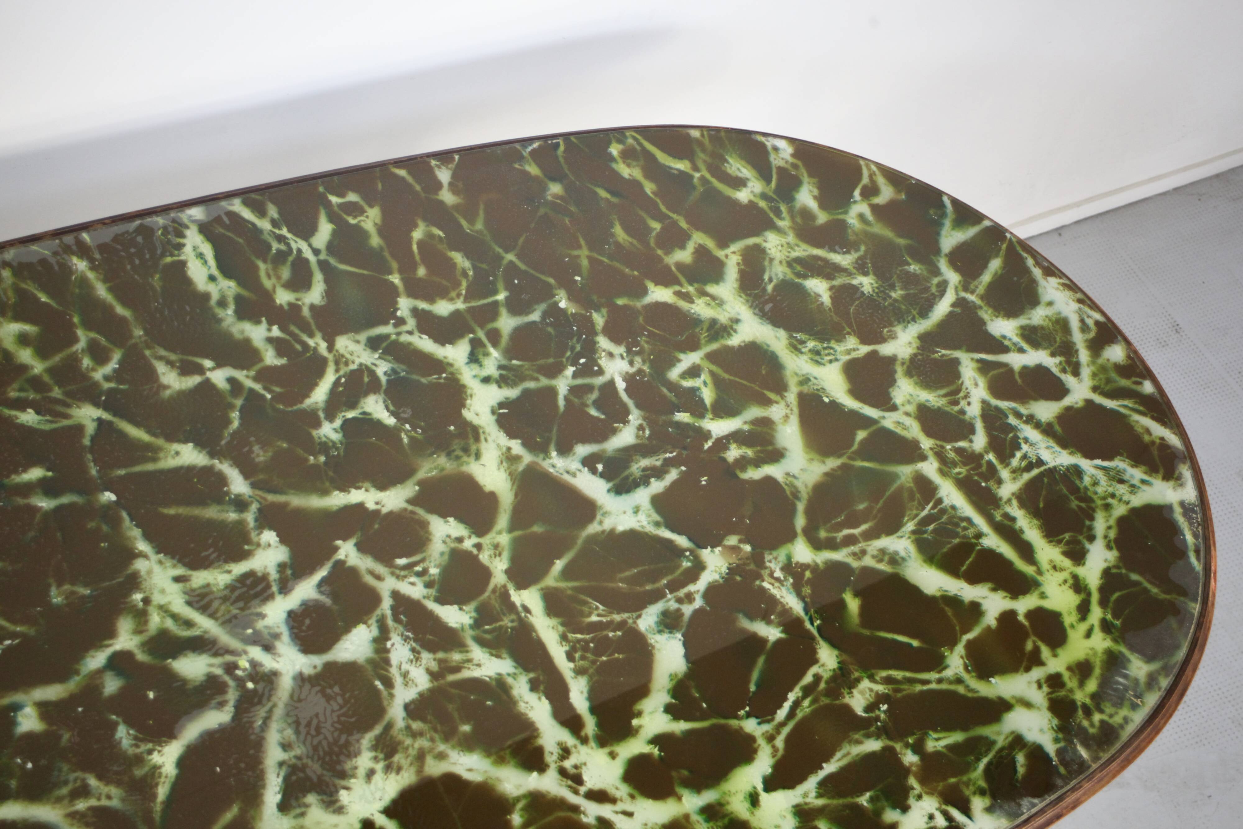 Midcentury Italian Oblong Marble Effect Table With Wood Base.