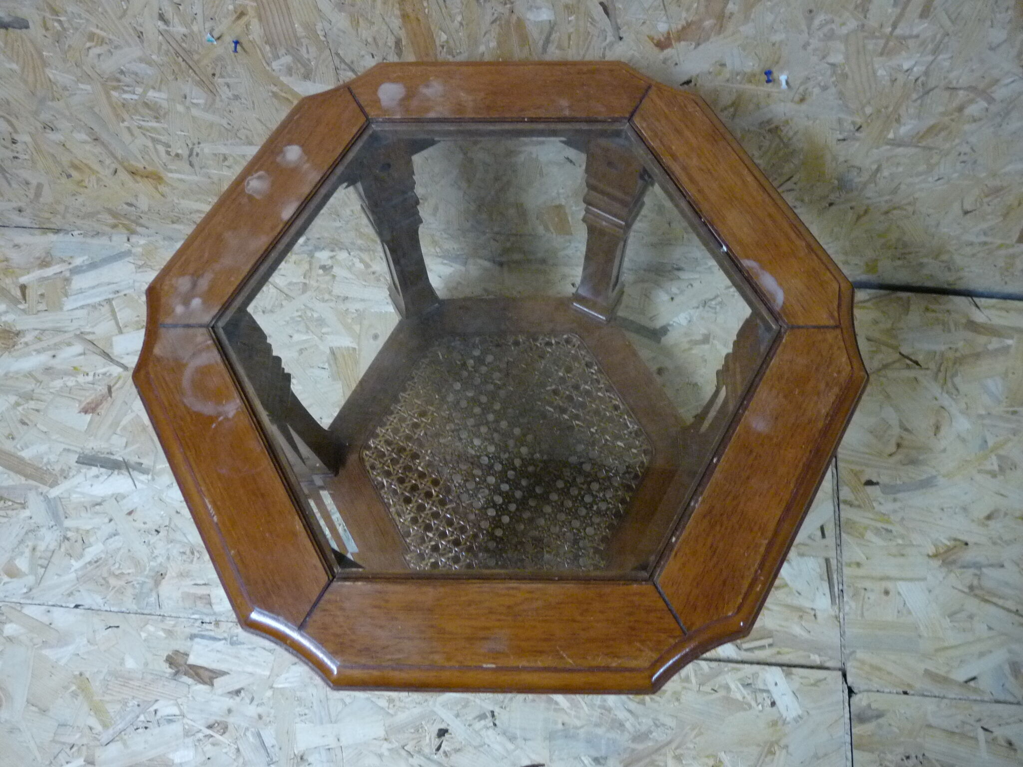 Hexagonal glass wood coffee table