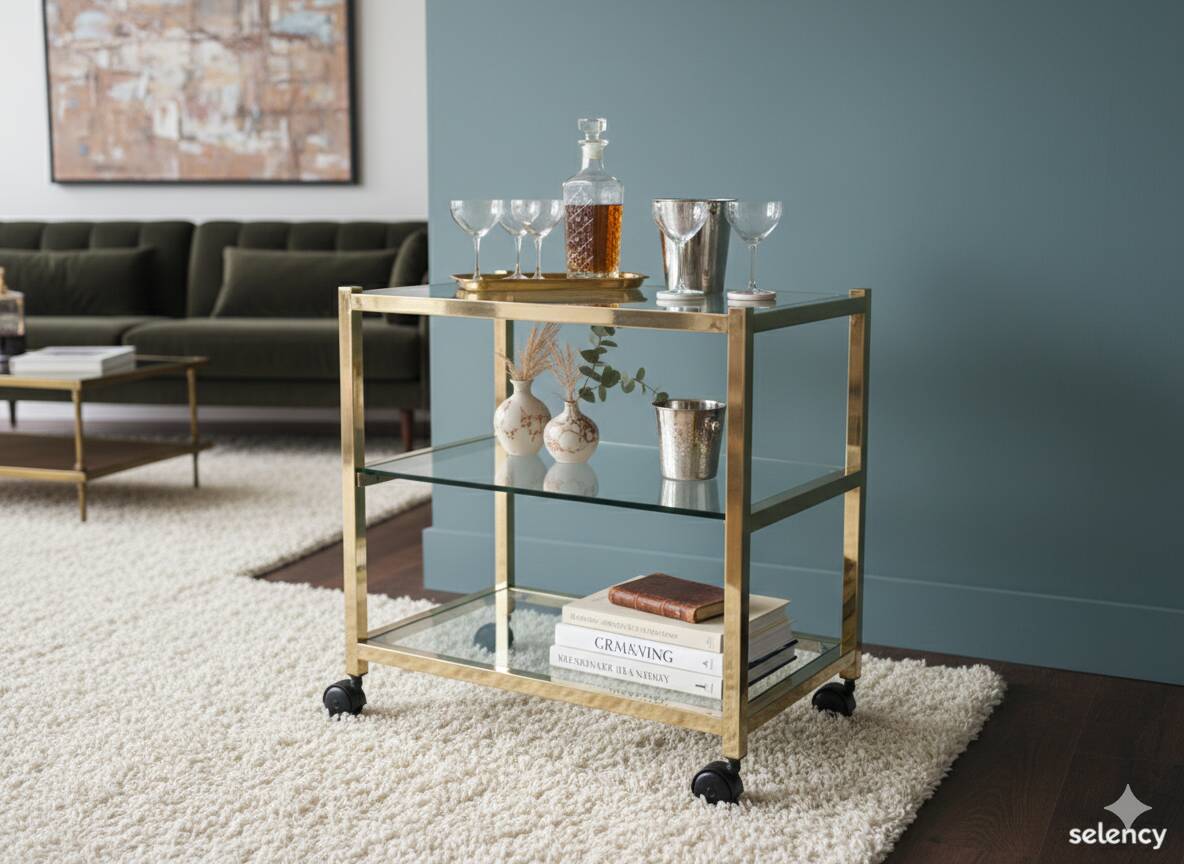 Desserte vintage en laiton et verre fumé – Style Maison Jansen – Années 70