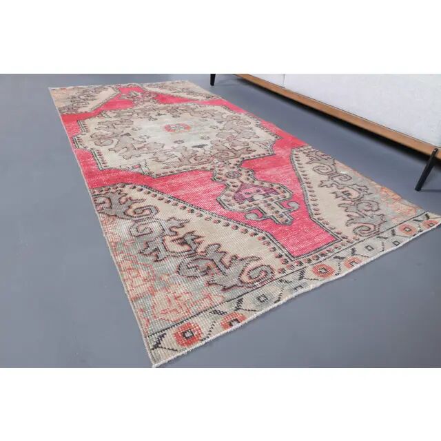 Vintage Turkish Hand-Knotted Wool Cotton Pink Runner Rug 105x228