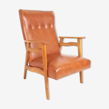 Fauteuil vintage cuir skaï marron camel