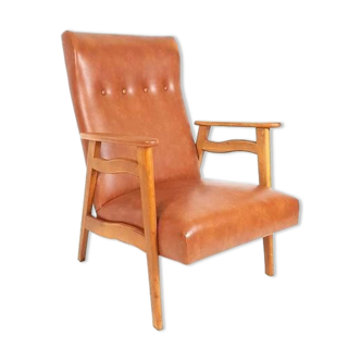 Fauteuil vintage cuir skaï marron camel