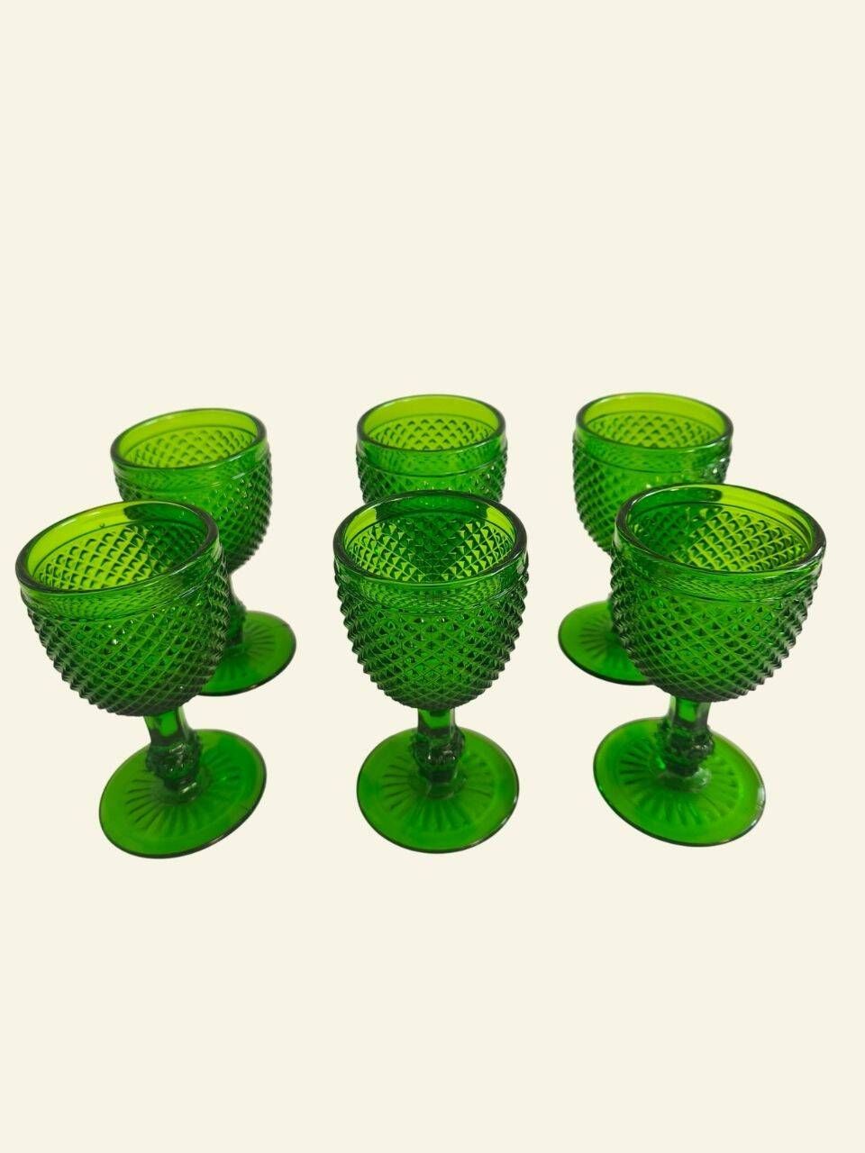 Six green glass wine glasses, Marinha Grande (IVIMA), diamond point.