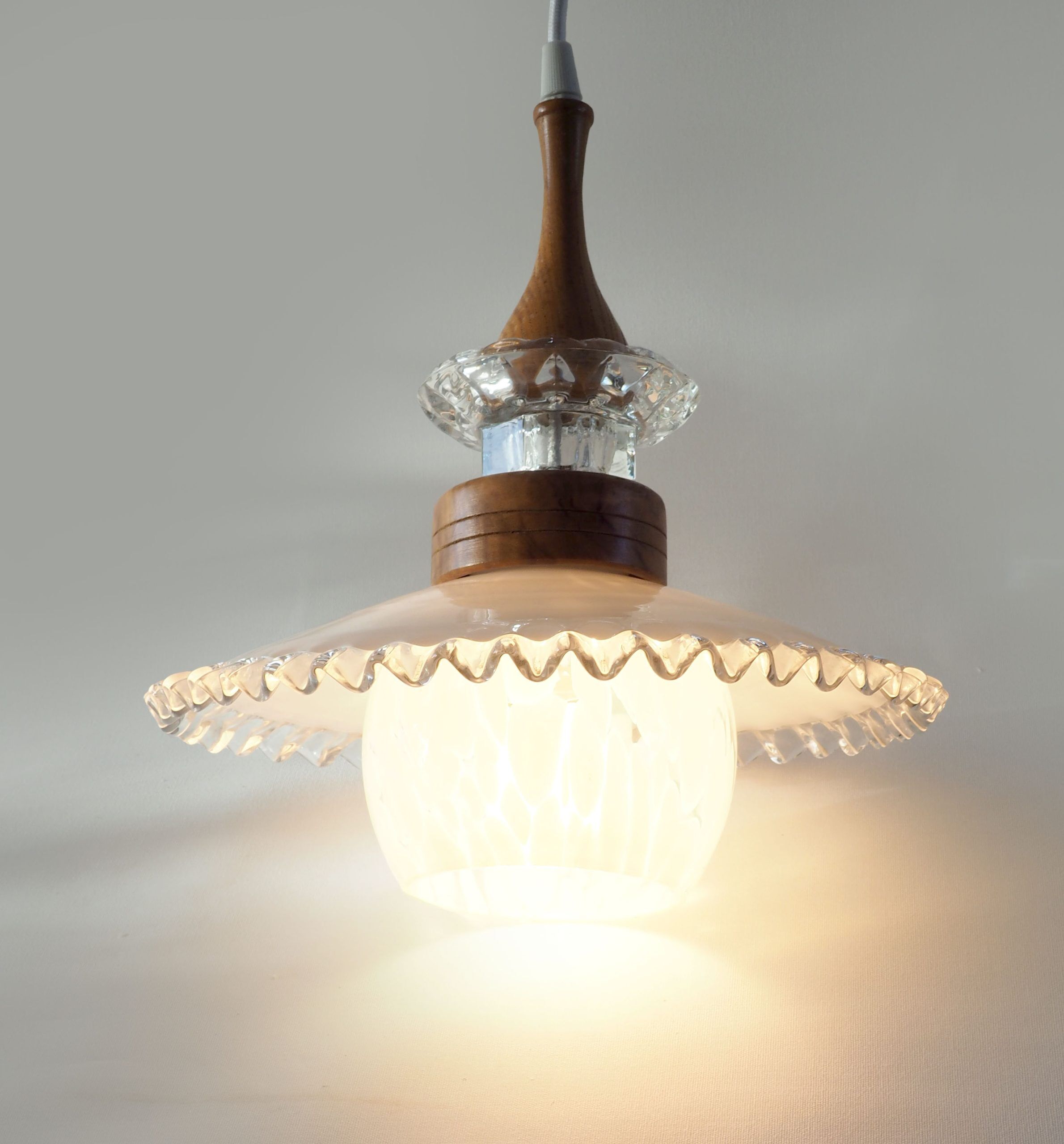 Opaline pendant light, Clichy globe and wood