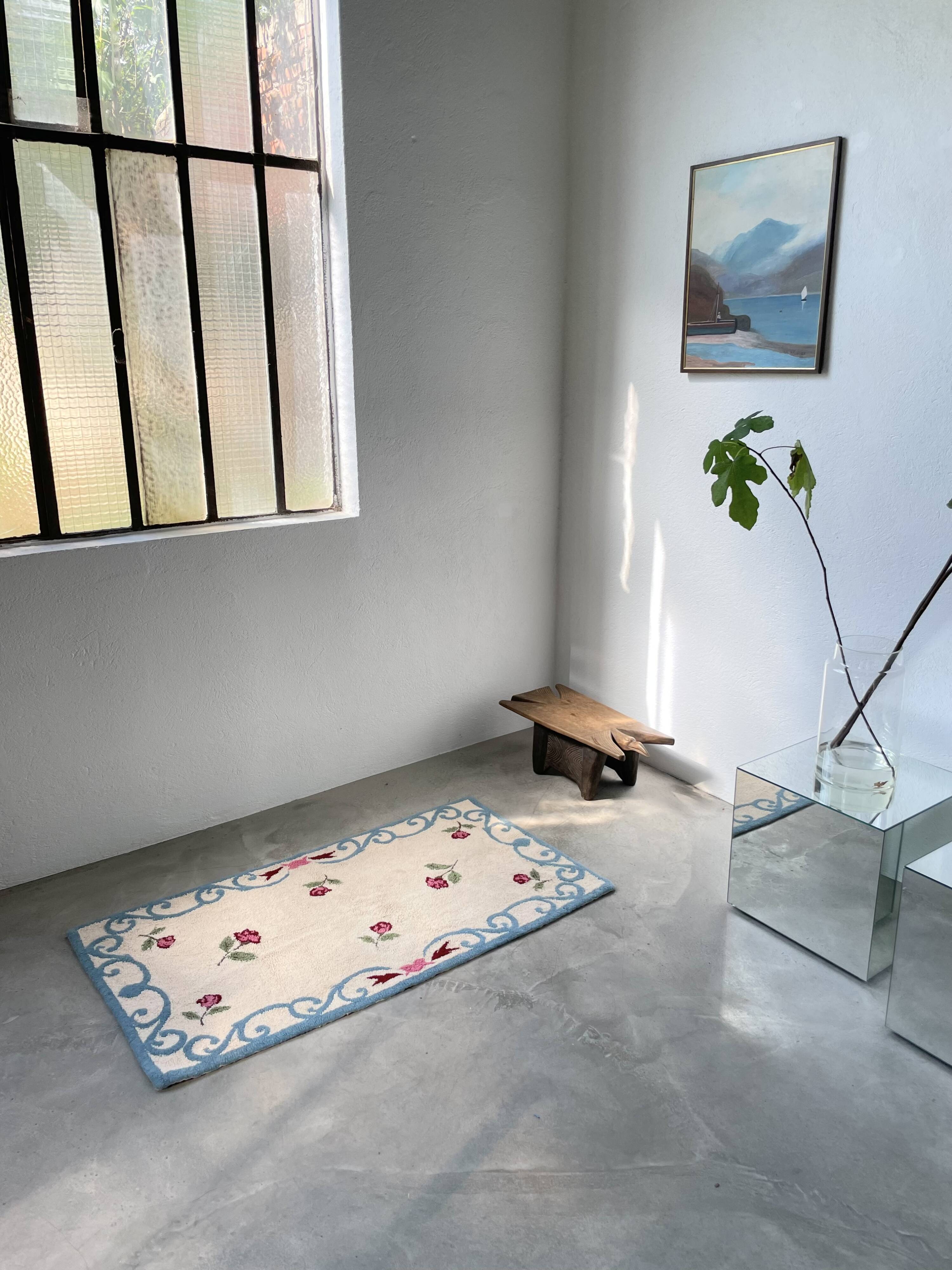 White and blue floral wool rug