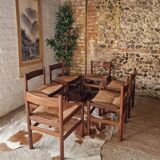 Chaises de salle à manger rustiques en teck et jonc de style français du milieu du siècle (x6)