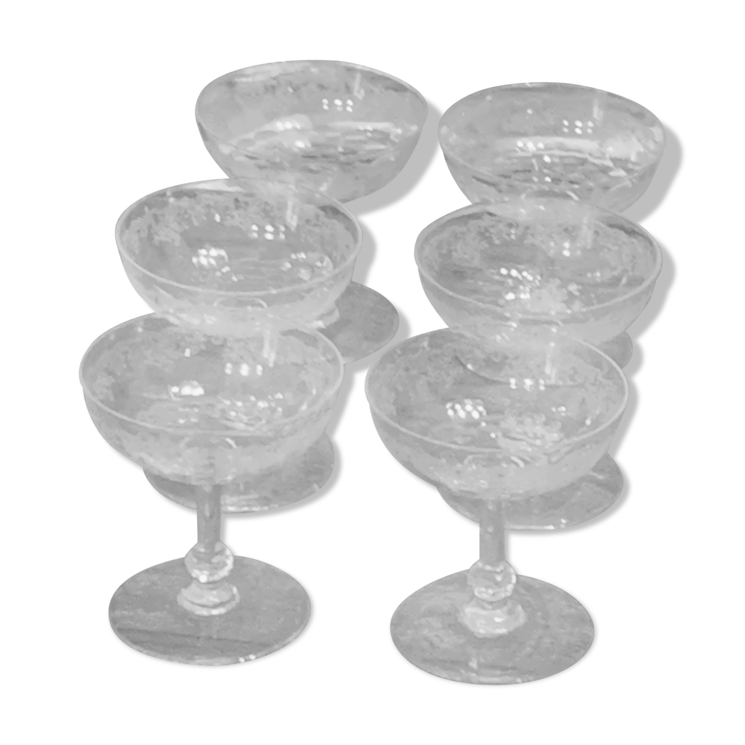 6 art deco champagne glasses with floral frieze