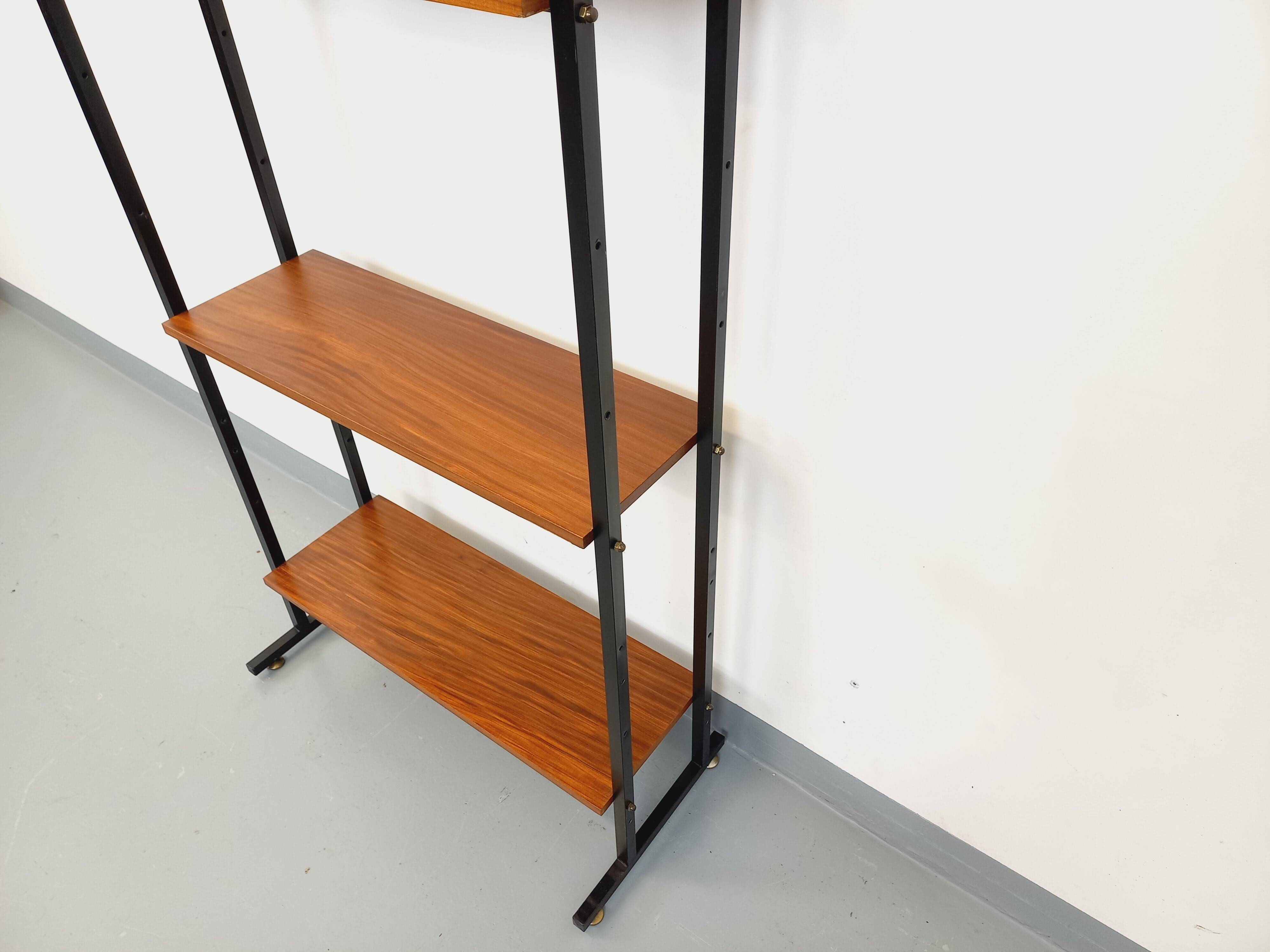 Vintage Italian modular teak and metal bookcase