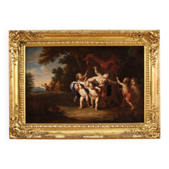Antique Flemish painting from the 18th century, Bacchanal