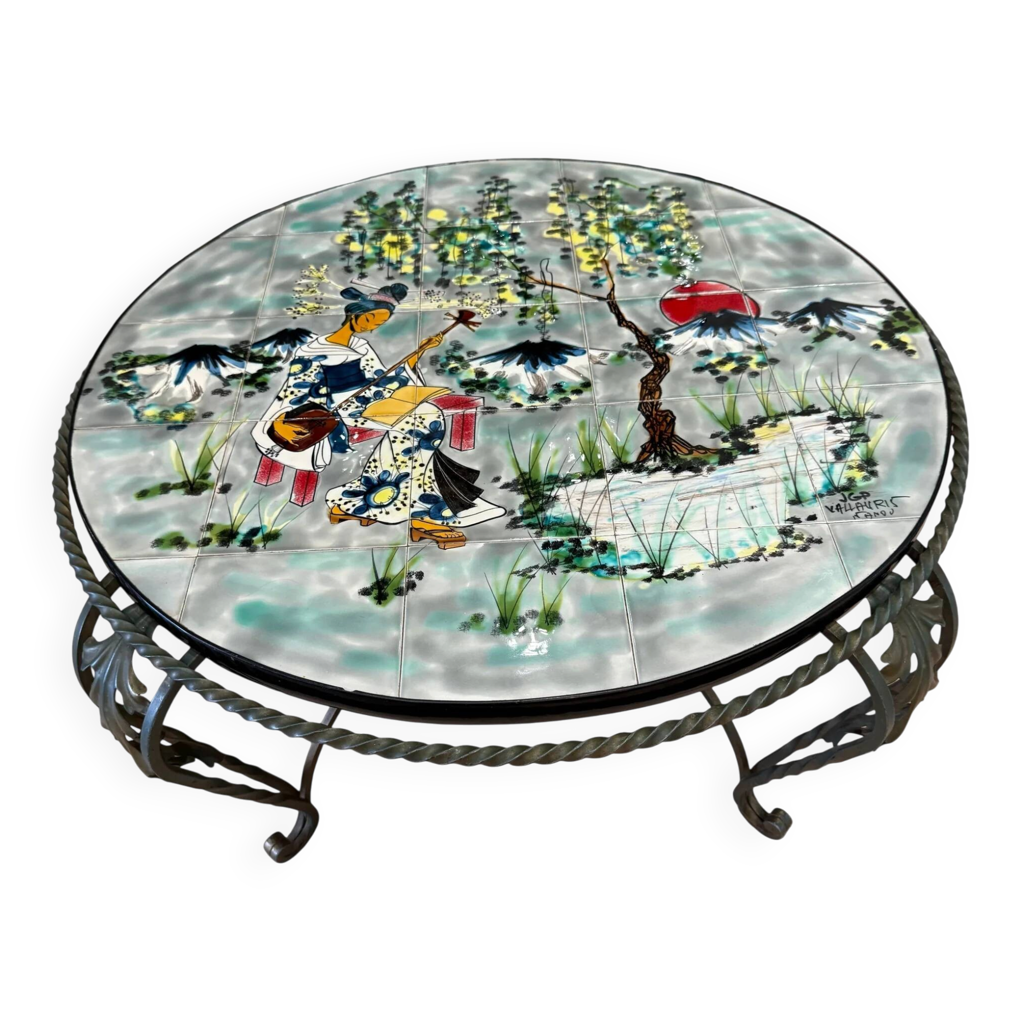 Vintage coffee table J&G Picard Vallauris – Glazed ceramic top with Japonese-style decoration