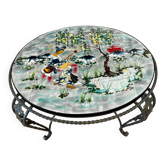 Vintage coffee table J&G Picard Vallauris – Glazed ceramic top with Japonese-style decoration