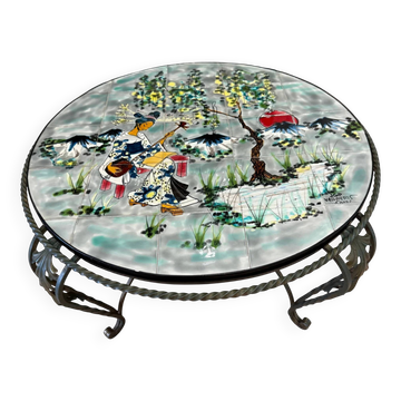 Table basse vintage J&G Picard Vallauris – Plateau en céramique émaillée décor japonisant