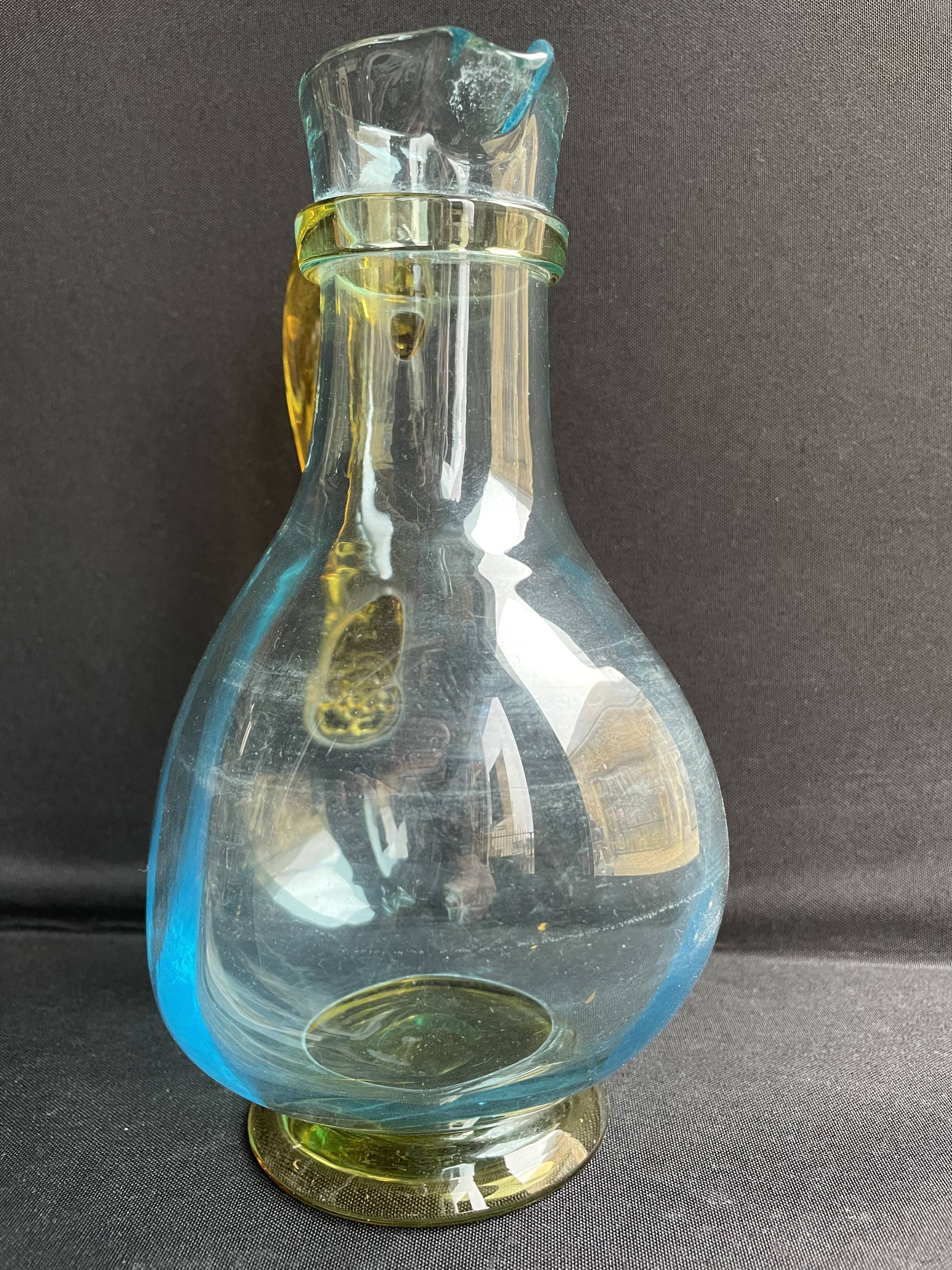 Glassware-crystallery of Portieux - 1 broc and 2 glasses - Napoleon III - Colored blown glass - G