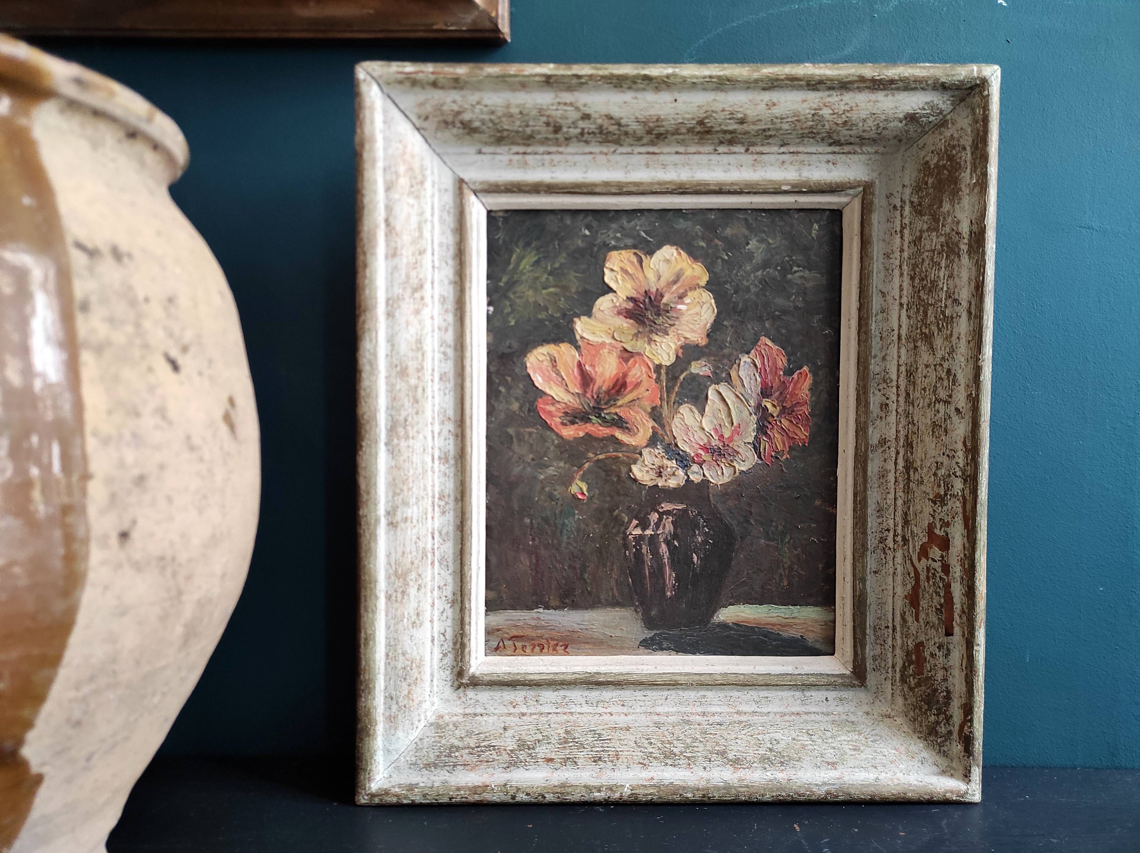 French vintage oil painting of flowers, signed A. Terrier