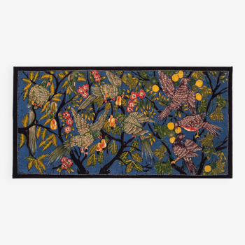 Grand tableau batik vintage ''Perroquets mangeant des fruits'' 1960