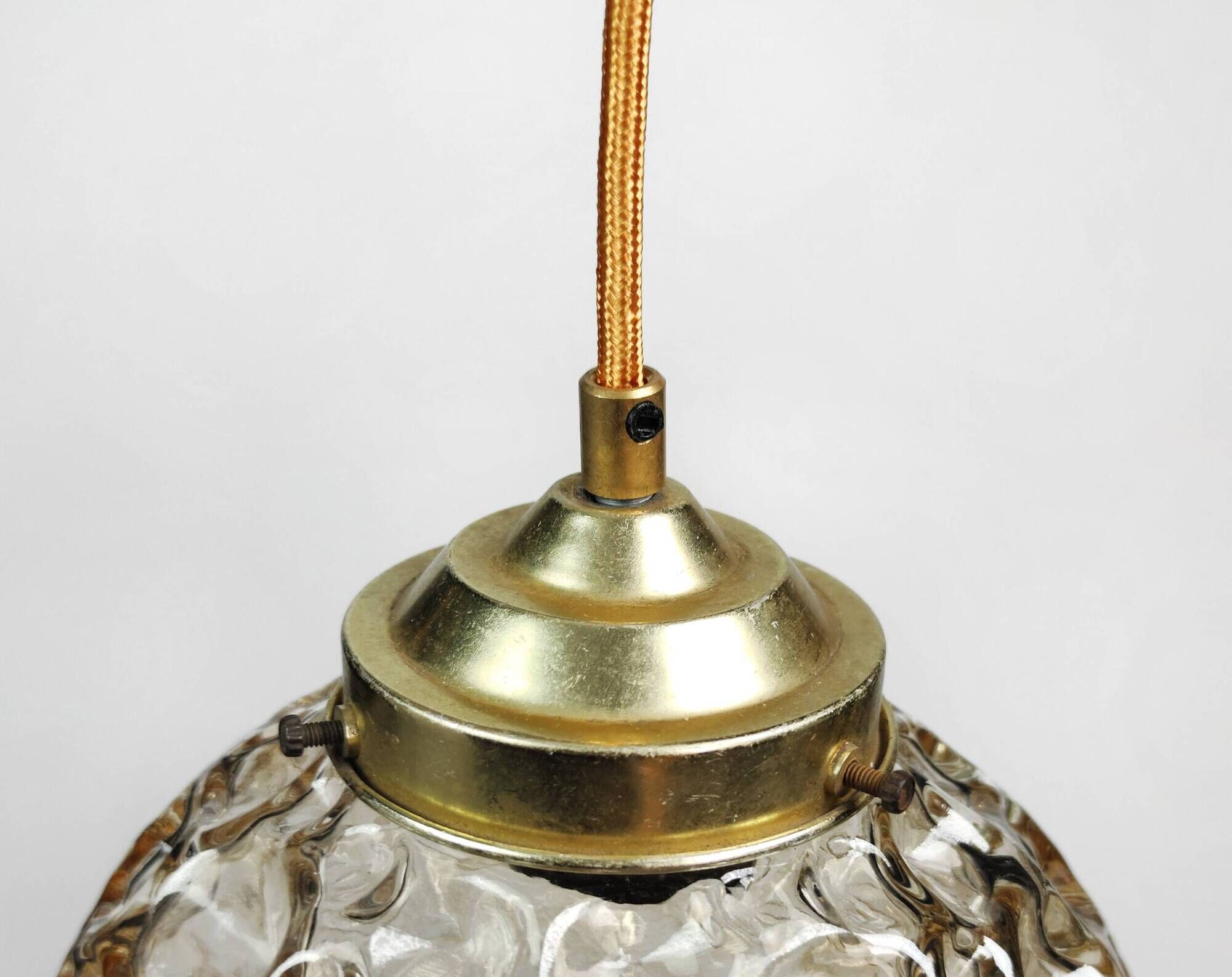 1970s Vintage English Dimpled Amber / Topaz Gold Glass Pendant Lamp