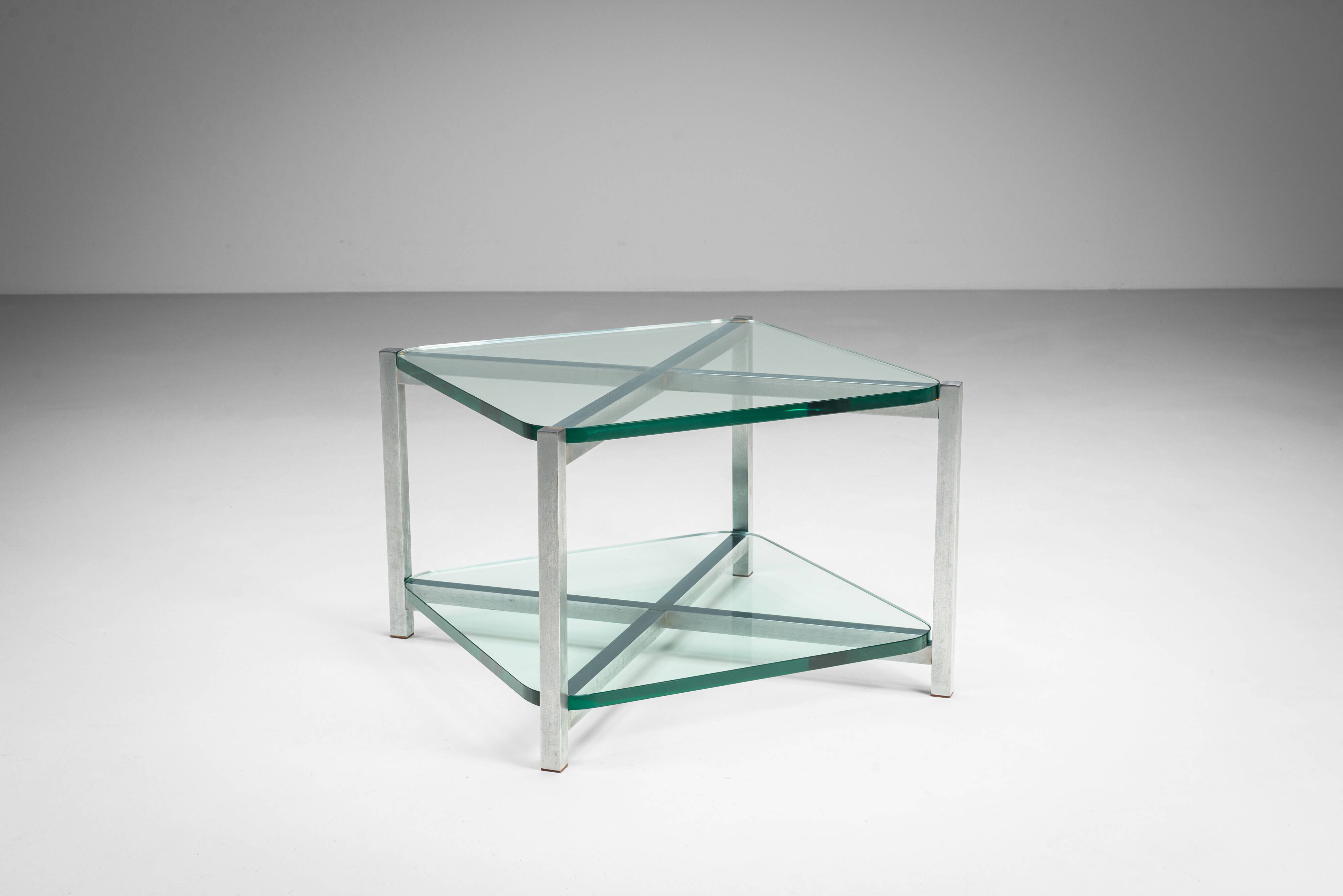 Two-tier glass side table with aluminium frame