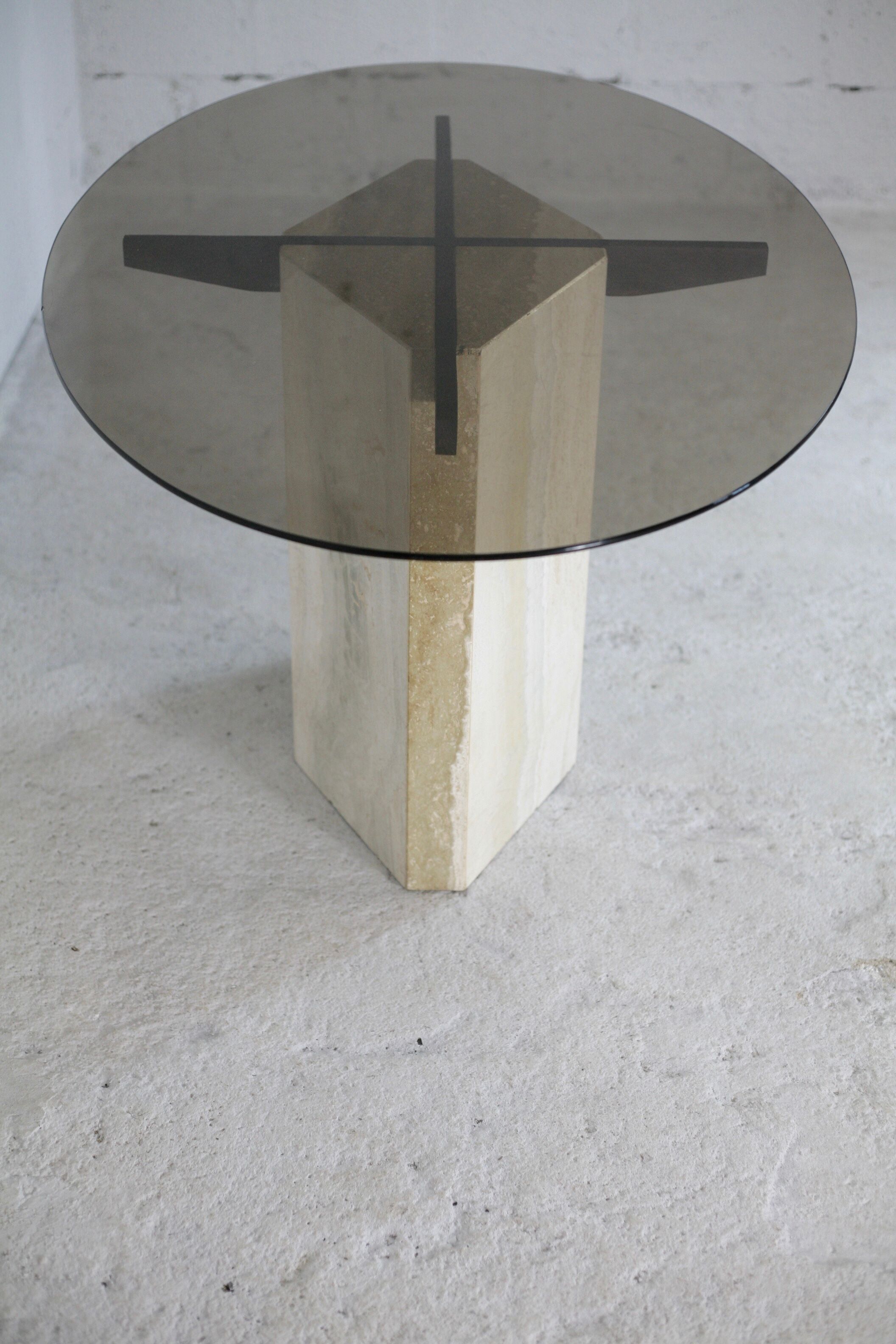 Living table, Comblanchian stone base and elliptical tray in smoked glass, Italy, 1970