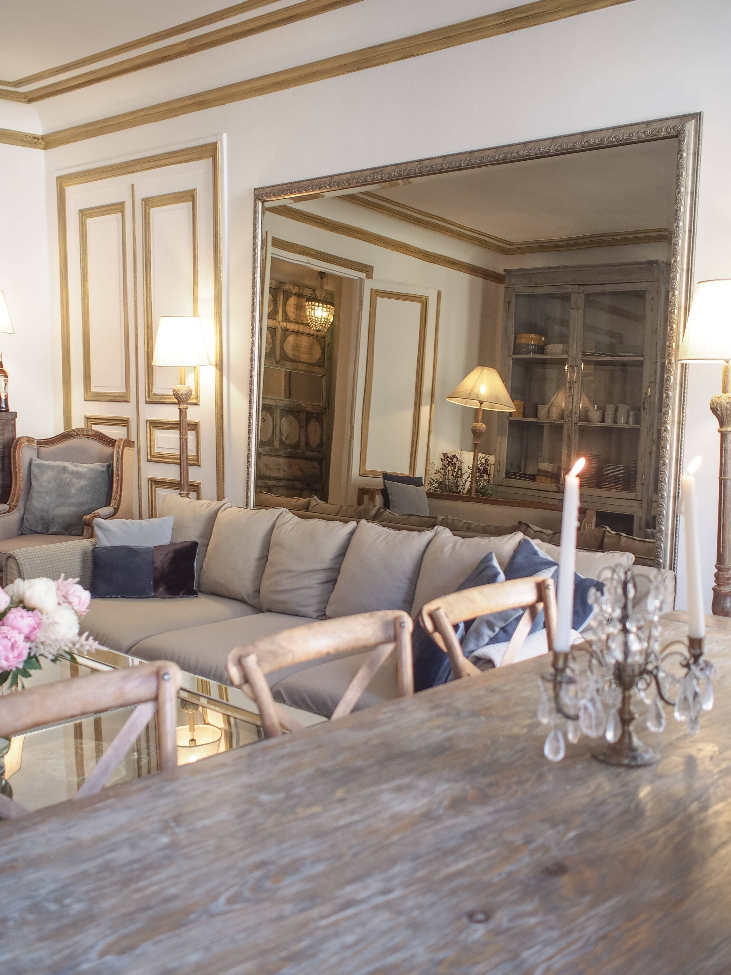 Parquet mirror, gold frame with a bead frieze.