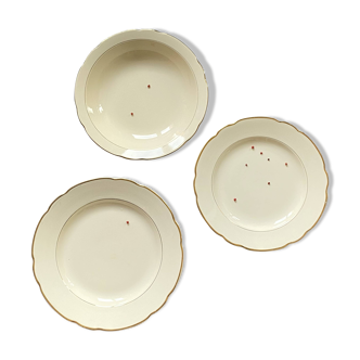 Lot de 3 plats de service Digoin Sarreguemines faïence ancienne couleur beige et dorure ACC-7259