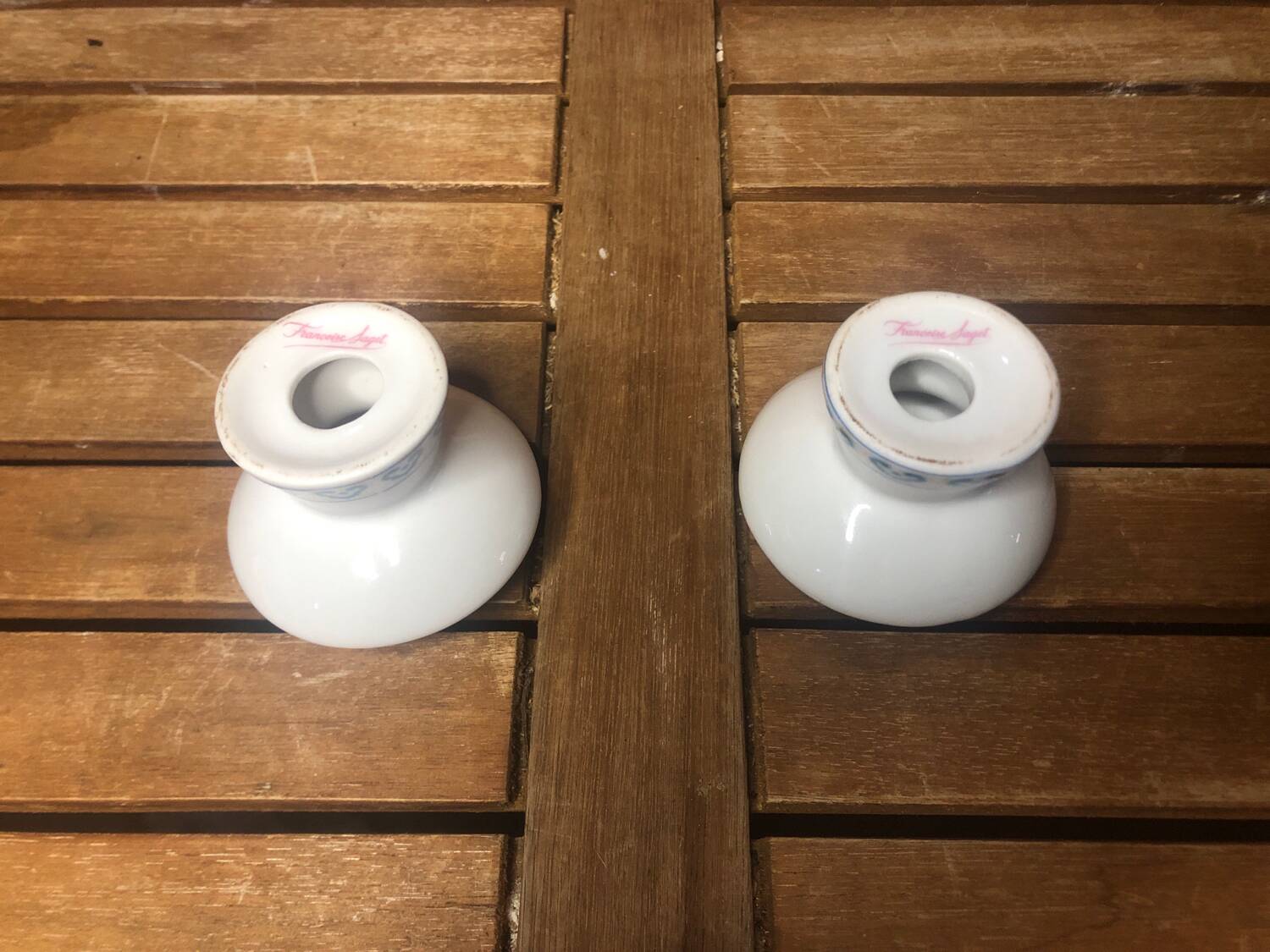 Pair of FRANCOISE SAGET Porcelain Candlesticks Flower Decor #A413