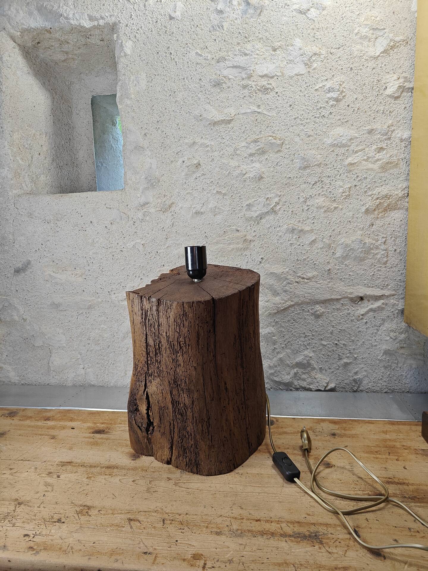 Brutalist table lamp in solid oak