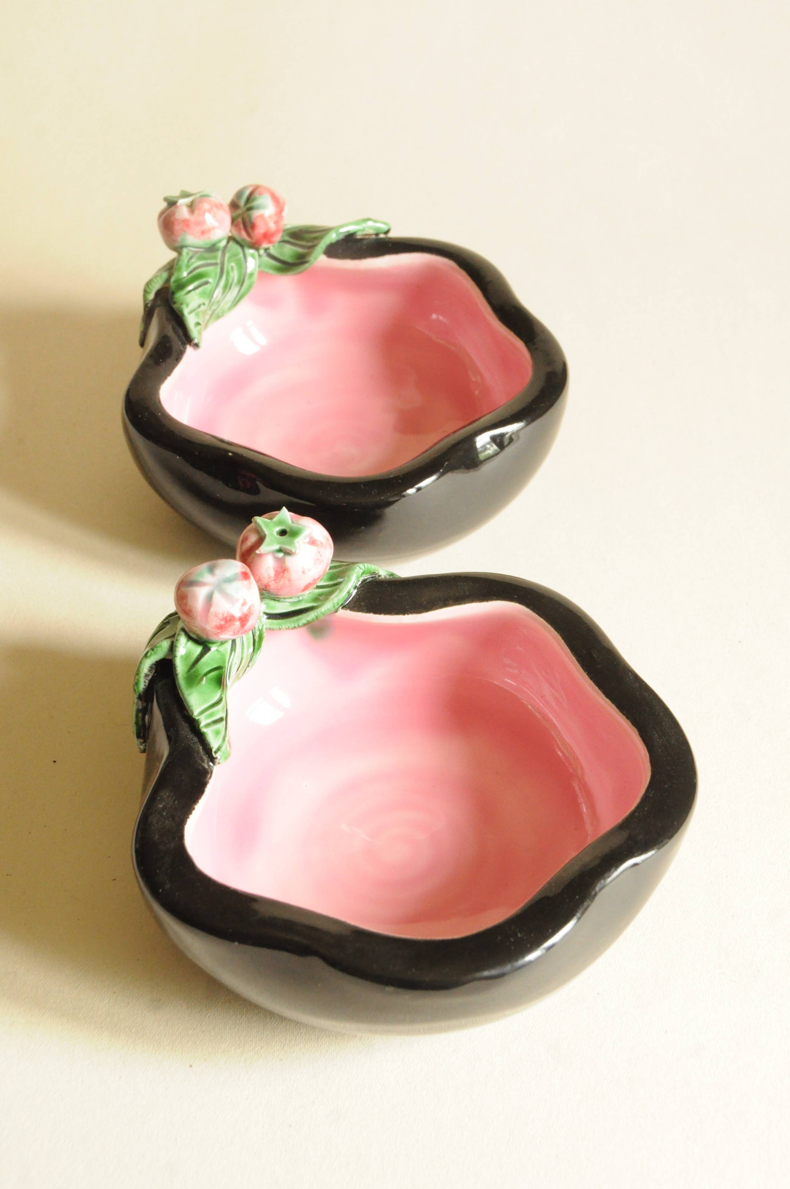 Black and Pink Ceramic Tomato Bowls — Keramos Sèvres, Mid-Century