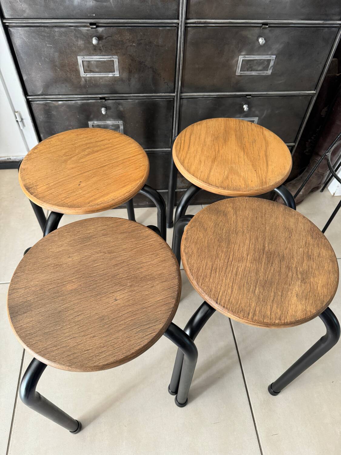 Series of 4 metal and wood school stools