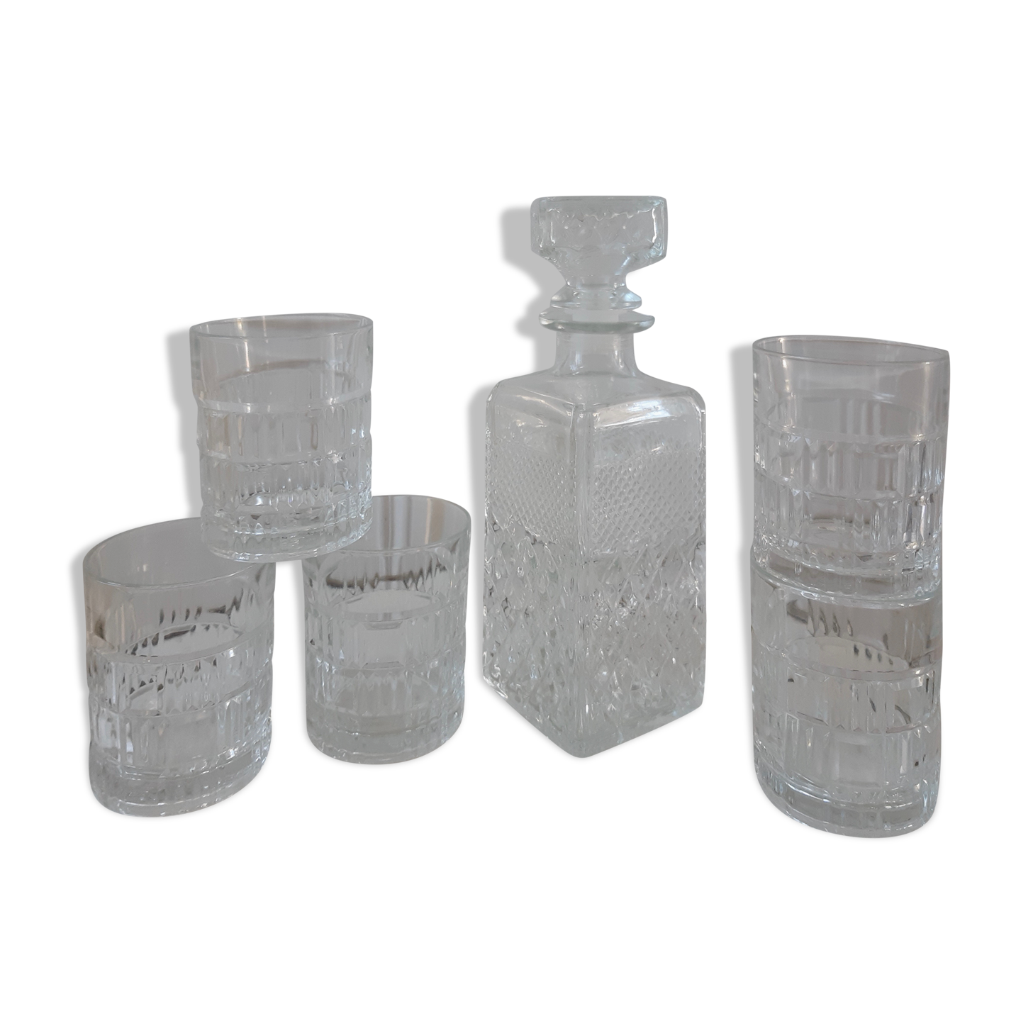 Batch of decanter and 6 whiskey glasses 70s