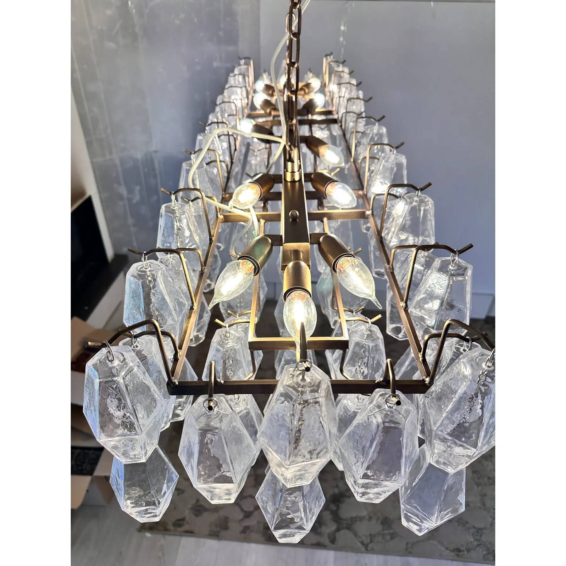 Contemporary Rectangular "Poliedro" Murano Glass Brunish Chandelier by Simo