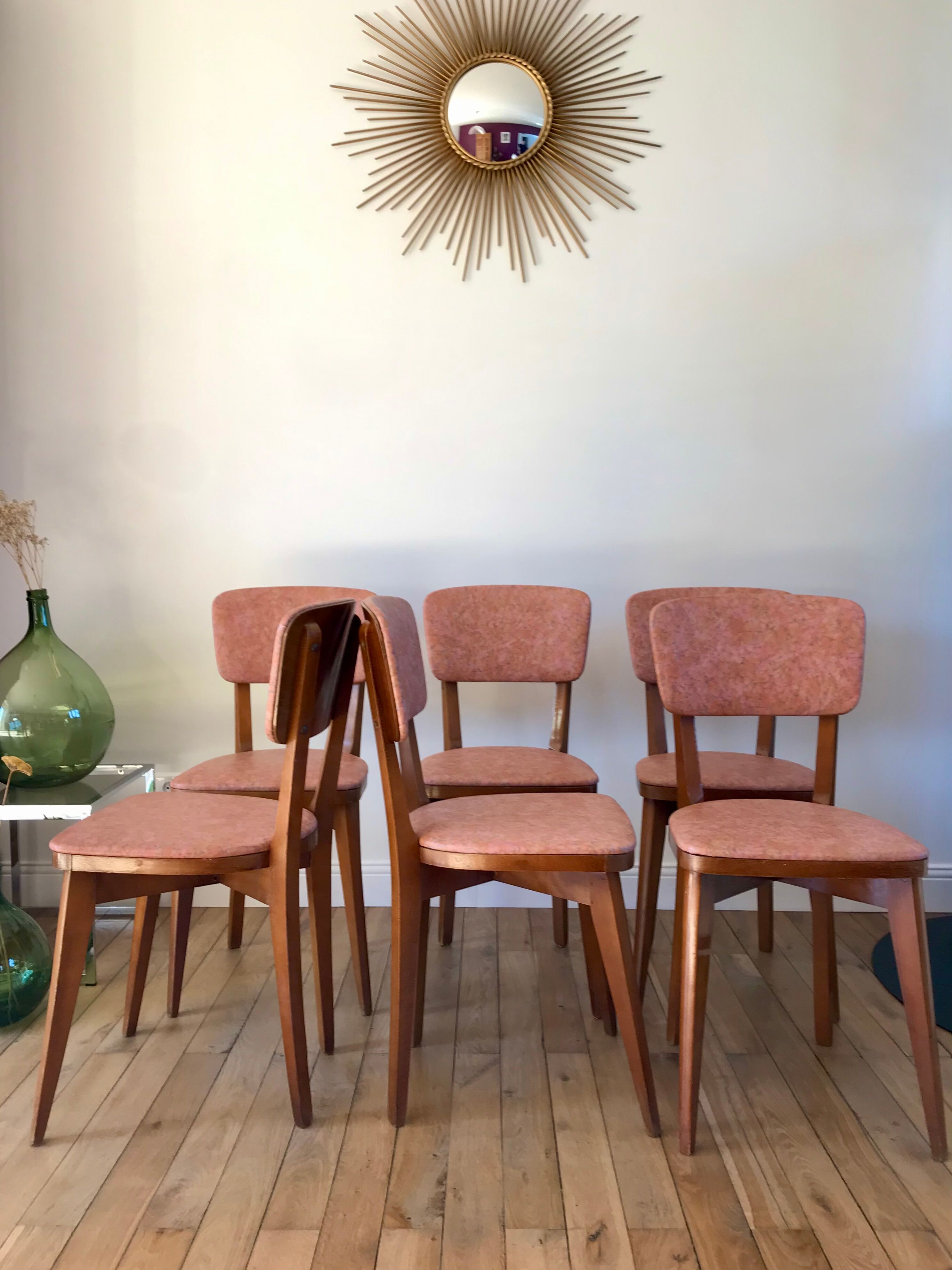 Set of 6 Scandinavian chairs in beech wood and pastel skaï 50s