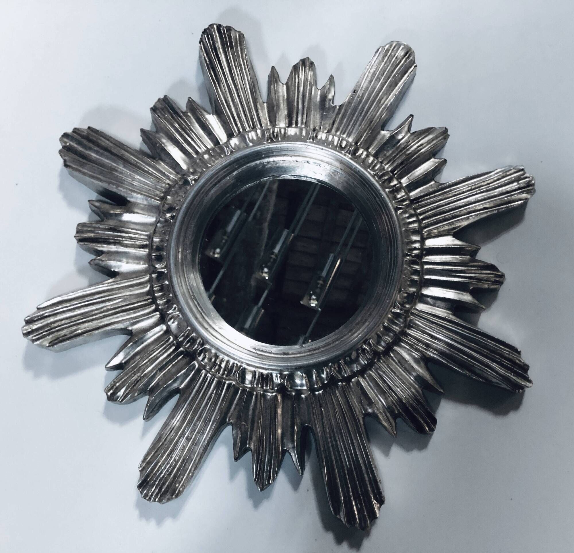 Wall Sun Mirror • Large Model • Carved Wood • Silver • 1960-70