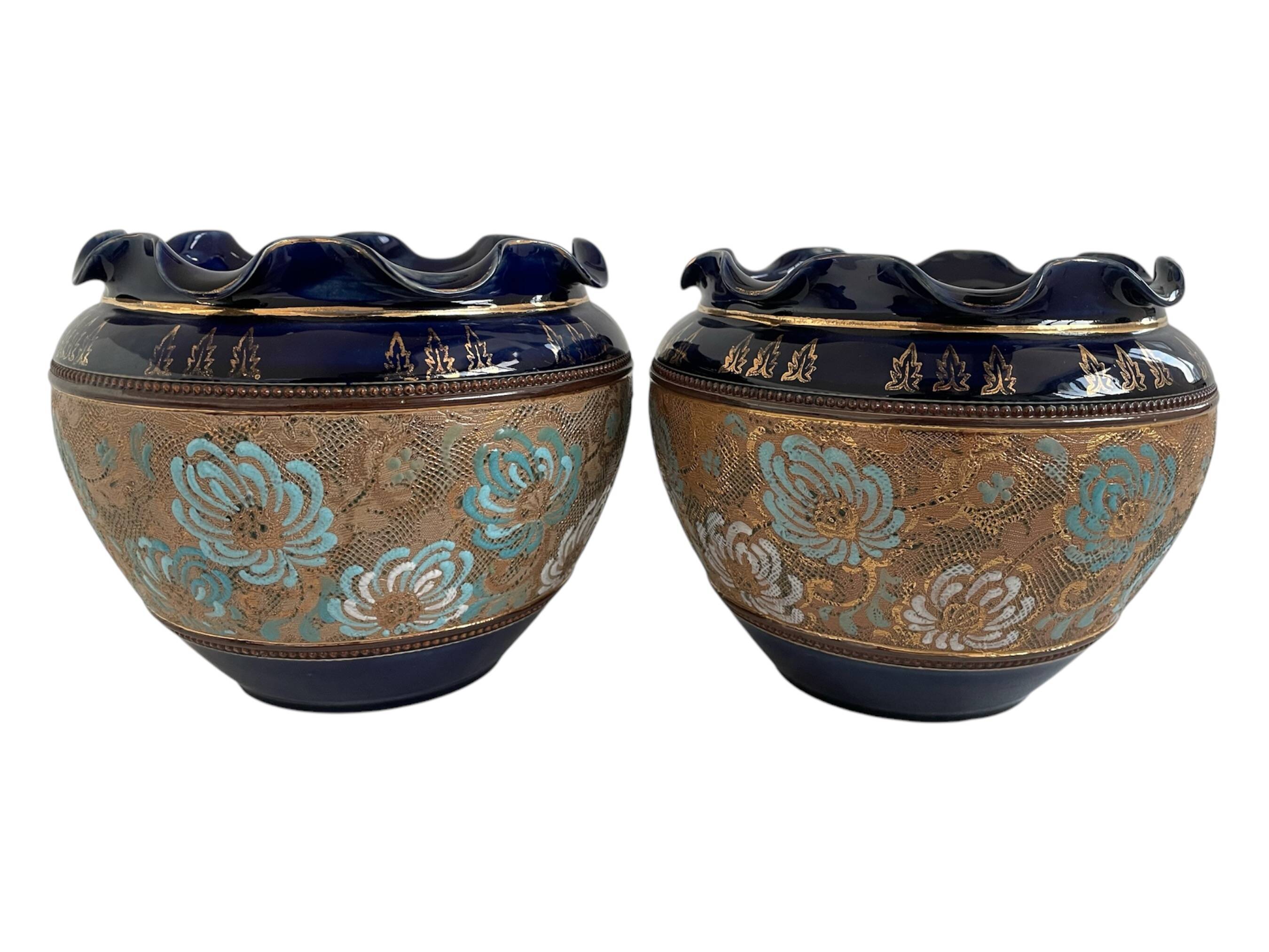 Pair, cache pots, royal doulton, english earthenware, 1920-1930, floral decoration, blue and gold, marks in