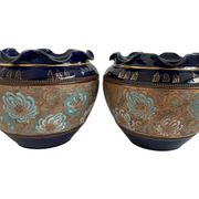 Pair, cache pots, royal doulton, english earthenware, 1920-1930, floral decoration, blue and gold, marks in