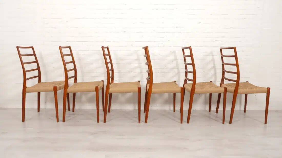 6 x vintage dining chairs | Niels Otto Møller | Model 82 | Papercord | Teak