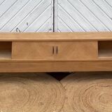 Vintage TV cabinet in raw wood with sliding doors